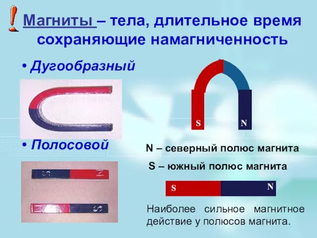 Магниты – тела, длительное время сохраняющие намагниченность Дугообразный Полосовой S N