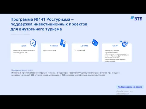 Заемщиком может стать: Инвестор в строительство/реконструкцию гостиниц на территории Российской Федерации