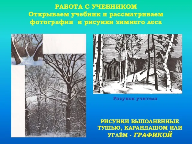 РАБОТА С УЧЕБНИКОМ Открываем учебник и рассматриваем фотографии и рисунки зимнего