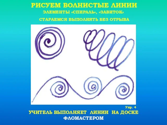 РИСУЕМ ВОЛНИСТЫЕ ЛИНИИ УЧИТЕЛЬ ВЫПОЛНЯЕТ ЛИНИИ НА ДОСКЕ ФЛОМАСТЕРОМ Упр. 4