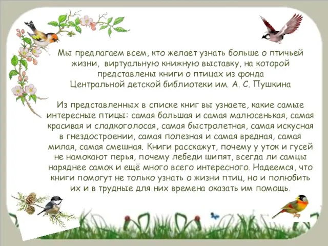 Мы предлагаем всем, кто желает узнать больше о птичьей жизни, виртуальную