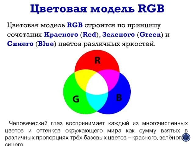 Цветовая модель RGB строится по принципу сочетания Красного (Red), Зеленого (Green)