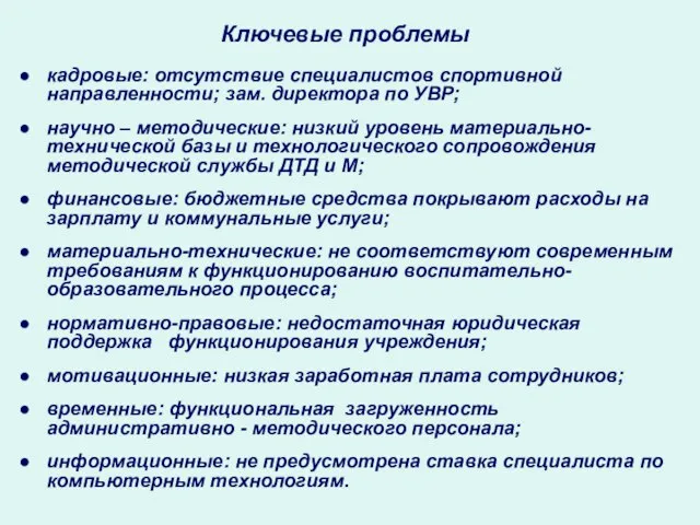 Ключевые проблемы кадровые: отсутствие специалистов спортивной направленности; зам. директора по УВР;