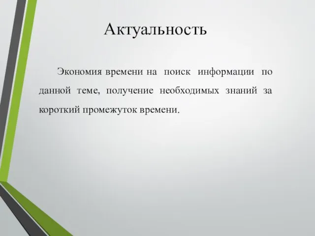 Актуальность Экономия времени на поиск информации по данной теме, получение необходимых знаний за короткий промежуток времени.