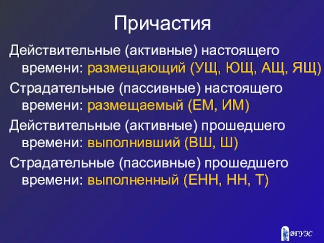 Причастия Действительные (активные) настоящего времени: размещающий (УЩ, ЮЩ, АЩ, ЯЩ) Страдательные