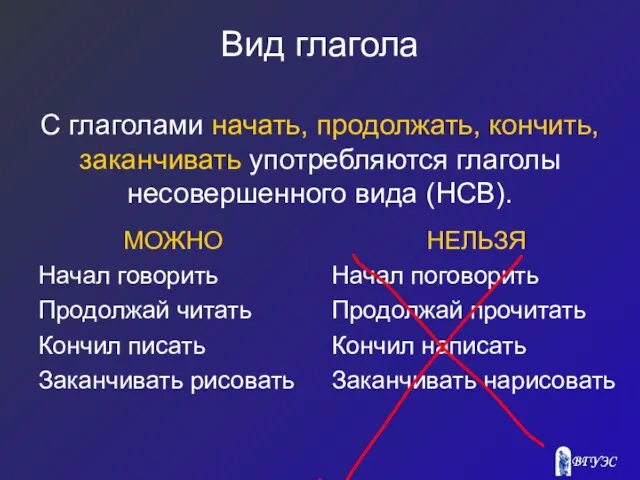 Вид глагола С глаголами начать, продолжать, кончить, заканчивать употребляются глаголы несовершенного