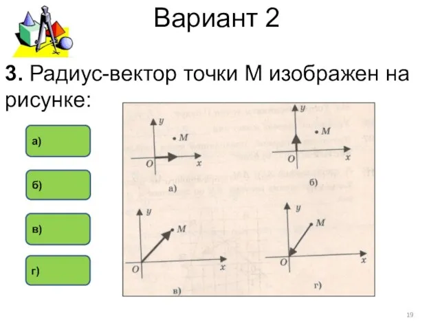 Вариант 2 в) а) г) 3. Радиус-вектор точки М изображен на рисунке: б)