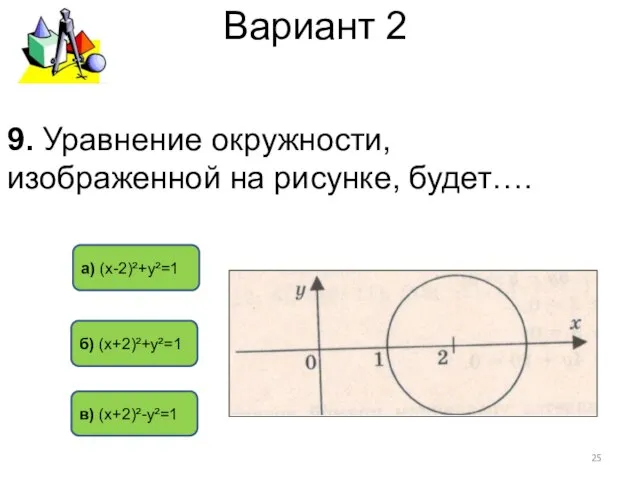 Вариант 2 а) (х-2)²+у²=1 б) (х+2)²+у²=1 в) (х+2)²-у²=1 9. Уравнение окружности, изображенной на рисунке, будет….