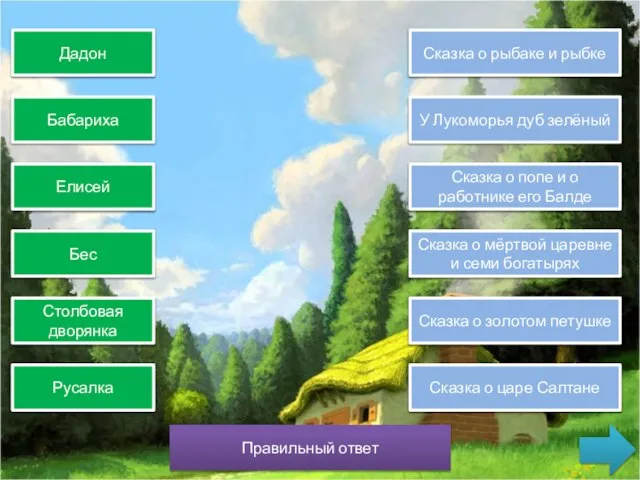 Правильный ответ Дадон Бабариха Елисей Бес Столбовая дворянка Русалка Сказка о