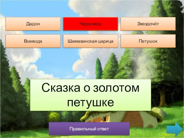 Правильный ответ Дадон Черномор Звездочёт Воевода Шамаханская царица Петушок Сказка о золотом петушке Черномор