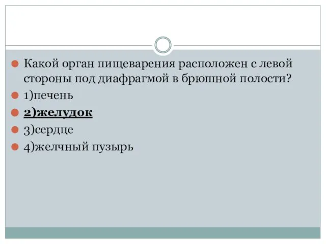 Какой орган пищеварения расположен с левой стороны под диафрагмой в брюшной