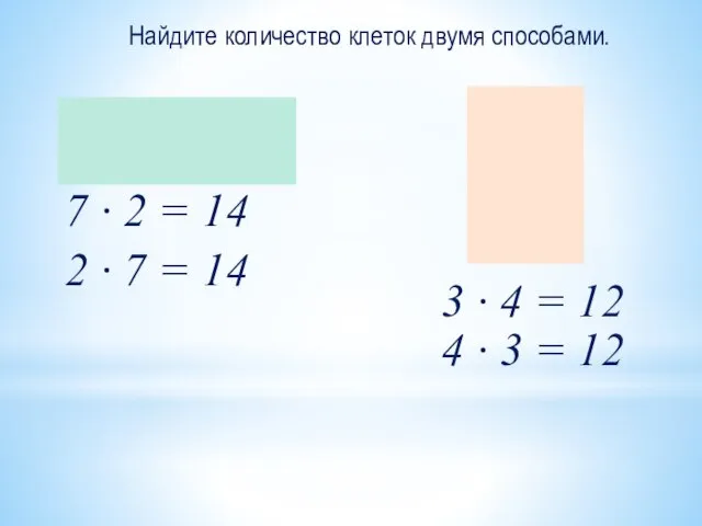 Найдите количество клеток двумя способами. 7 ∙ 2 = 14 2