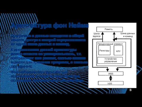 Архитектура фон Неймана Программа и данные находятся в общей памяти, доступ