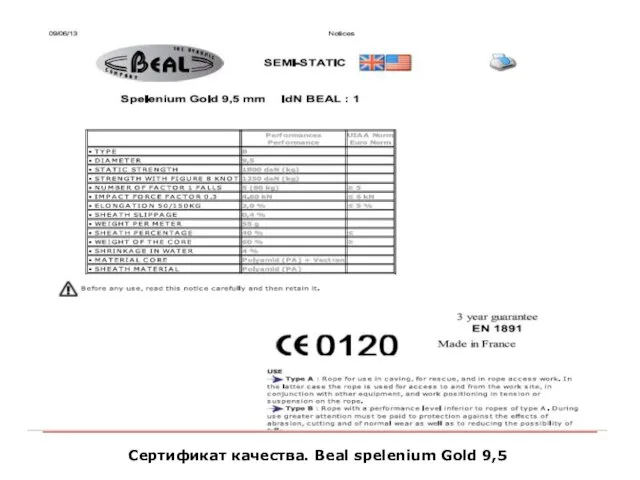 Сертификат качества. Beal spelenium Gold 9,5