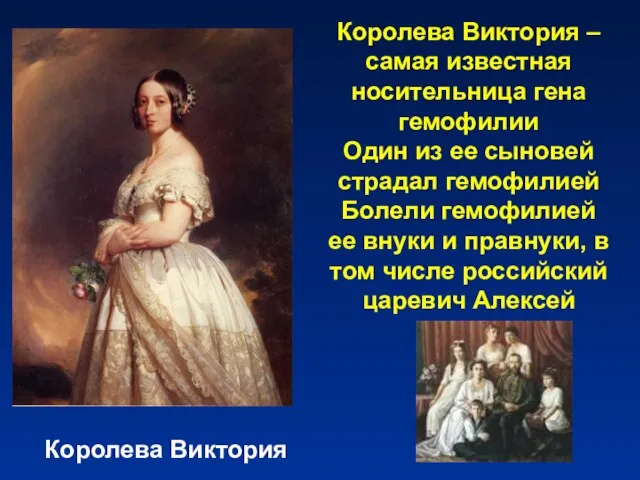 Королева Виктория Королева Виктория – самая известная носительница гена гемофилии Один