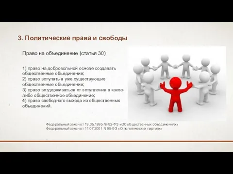 3. Политические права и свободы Право на объединение (статья 30) 1)