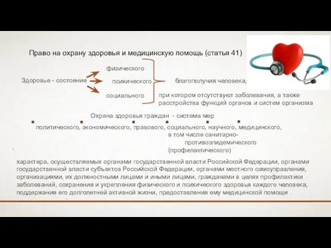 Право на охрану здоровья и медицинскую помощь (статья 41) Здоровье -