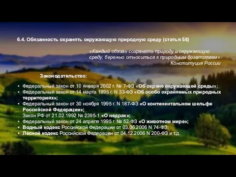 6.4. Обязанность охранять окружающую природную среду (статья 58) «Каждый обязан сохранять