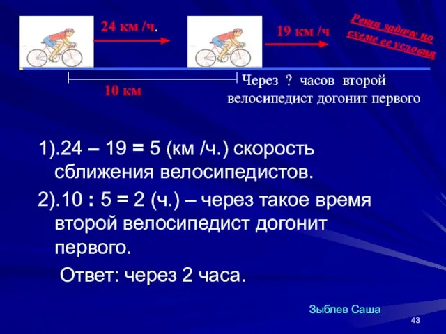 1).24 – 19 = 5 (км /ч.) скорость сближения велосипедистов. 2).10