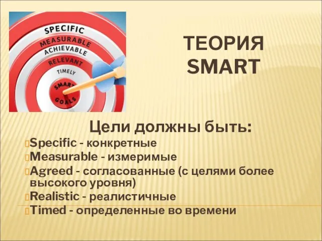 ТЕОРИЯ SMART Цели должны быть: Specific - конкретные Measurable - измеримые