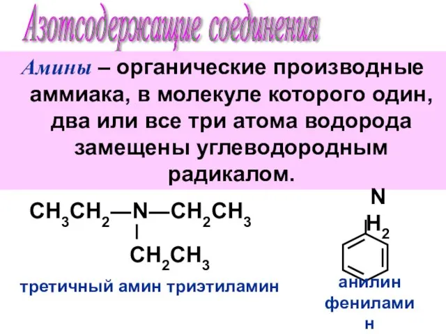 Азотсодержащие соединения Амины – органические производные аммиака, в молекуле которого один,