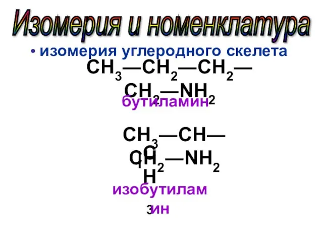 Изомерия и номенклатура изомерия углеродного скелета СН3―СН2―СН2―СН2―NH2 бутиламин СН3―СН―СН2―NH2 СН3 изобутиламин