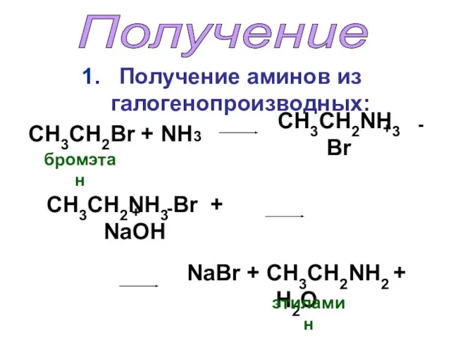 Получение аминов из галогенопроизводных: Получение СН3СН2Br + NH3 СН3СН2NH3 Br +