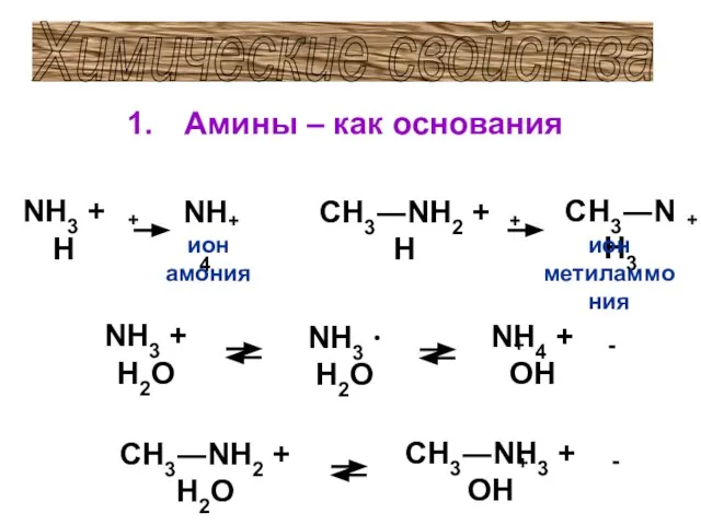 Амины – как основания Химические свойства + - NH3 + H