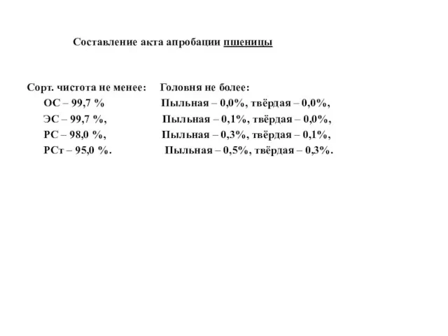 Составление акта апробации пшеницы Сорт. чистота не менее: Головня не более: