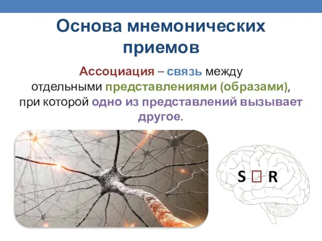 Основа мнемонических приемов Ассоциация – связь между отдельными представлениями (образами), при