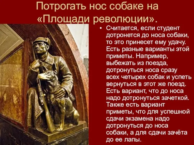 Потрогать нос собаке на «Площади революции». Считается, если студент дотронется до