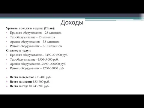 Доходы Уровень продаж в неделю (План): Продажа оборудования – 25 клиентов