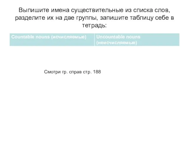 Выпишите имена существительные из списка слов, разделите их на две группы,