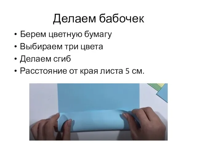 Делаем бабочек Берем цветную бумагу Выбираем три цвета Делаем сгиб Расстояние от края листа 5 см.