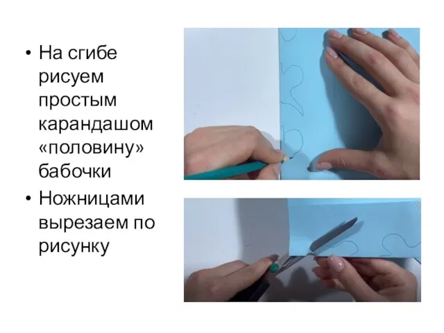 На сгибе рисуем простым карандашом «половину» бабочки Ножницами вырезаем по рисунку