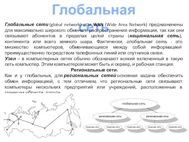 Глобальная сеть Глобальные сети (global network) или WAN (Wide Area Network)
