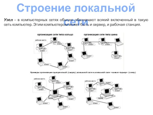Строение локальной сети Узел – в компьютерных сетях обычно обозначают всякий