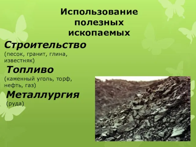 Использование полезных ископаемых Строительство (песок, гранит, глина, известняк) Топливо (каменный уголь, торф, нефть, газ) Металлургия (руда)