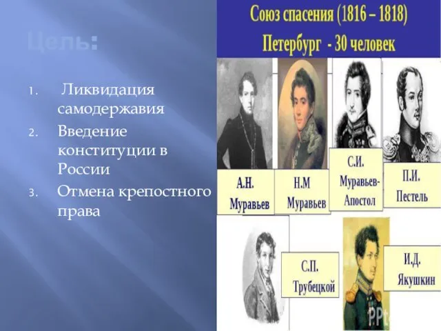 Цель: Ликвидация самодержавия Введение конституции в России Отмена крепостного права