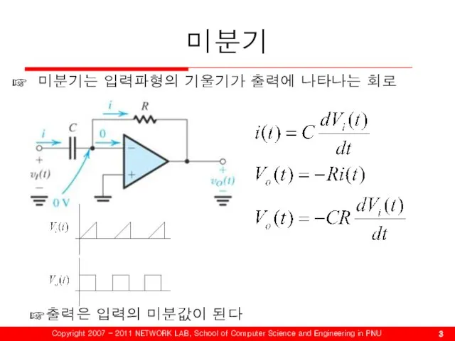 미분기 미분기는 입력파형의 기울기가 출력에 나타나는 회로 - 출력은 입력의 미분값이 된다