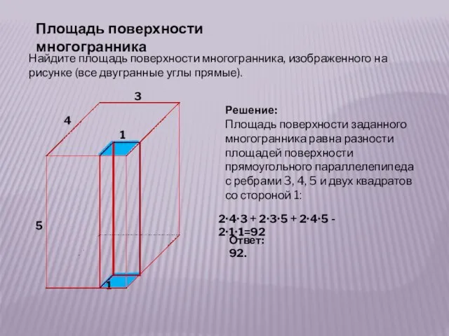 Площадь поверхности многогранника Найдите площадь поверхности многогранника, изображенного на рисунке (все