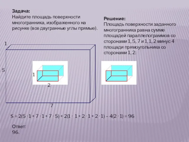 Задача: Найдите площадь поверхности многогранника, изображенного на рисунке (все двугранные углы