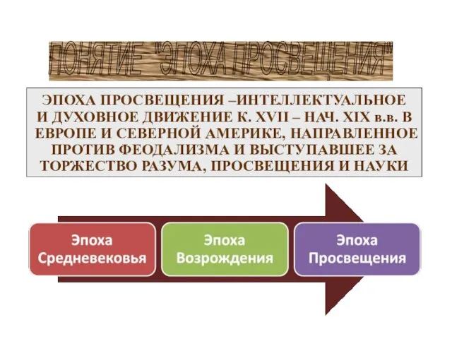 ПОНЯТИЕ "ЭПОХА ПРОСВЕЩЕНИЯ" ЭПОХА ПРОСВЕЩЕНИЯ –ИНТЕЛЛЕКТУАЛЬНОЕ И ДУХОВНОЕ ДВИЖЕНИЕ К. XVII