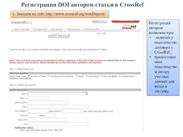 Регистрация DOI автором статьи в CrossRef Регистрация автором возможна при: наличии