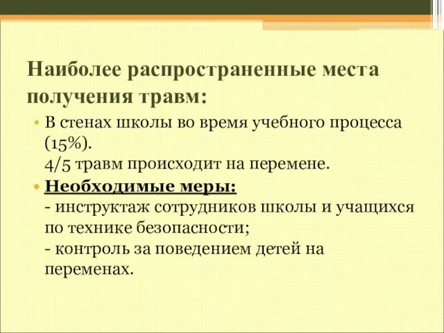 Наиболее распространенные места получения травм: В стенах школы во время учебного