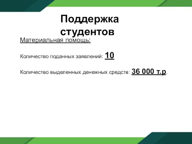 Поддержка студентов Материальная помощь: Количество поданных заявлений: 10 Количество выделенных денежных средств: 36 000 т.р.