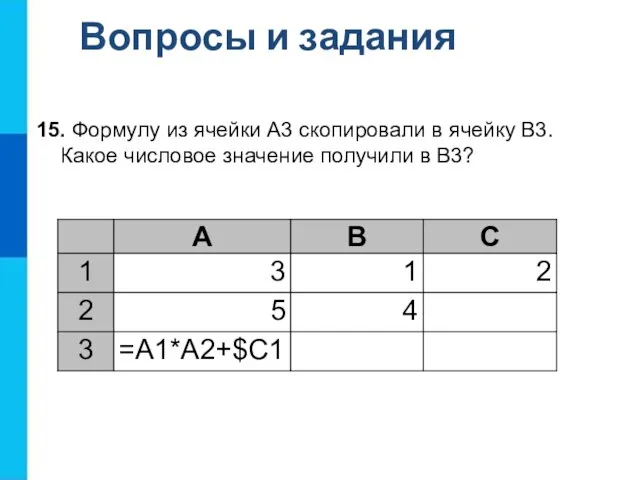 Вопросы и задания 15. Формулу из ячейки А3 скопировали в ячейку