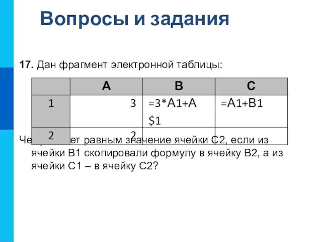 Вопросы и задания 17. Дан фрагмент электронной таблицы: Чему станет равным