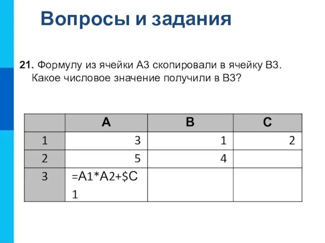 Вопросы и задания 21. Формулу из ячейки А3 скопировали в ячейку