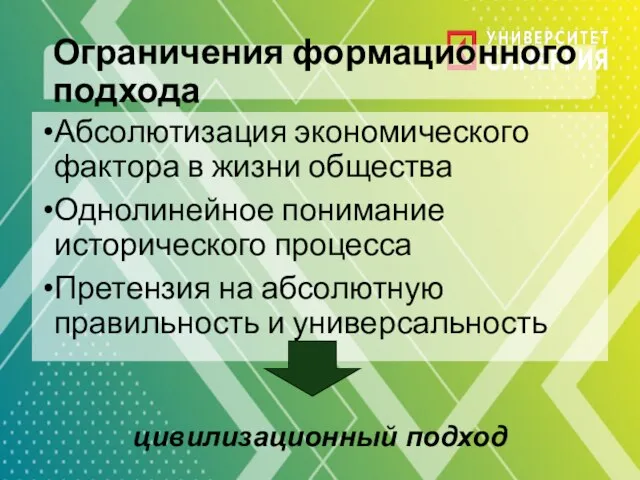 Ограничения формационного подхода Абсолютизация экономического фактора в жизни общества Однолинейное понимание